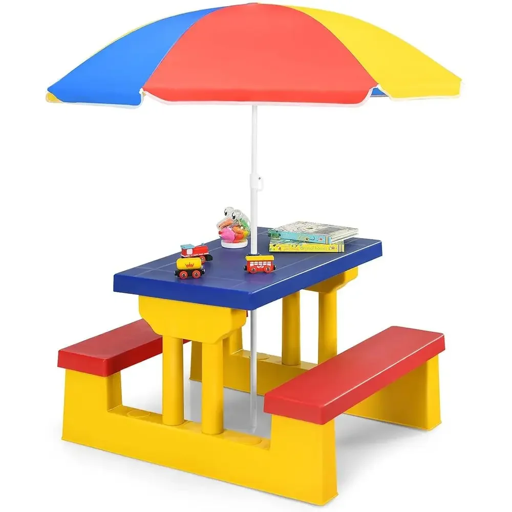 Kids Outdoor Bench With Umbrella - Wielokolorowy zestaw stołu piknikowego dla dzieci