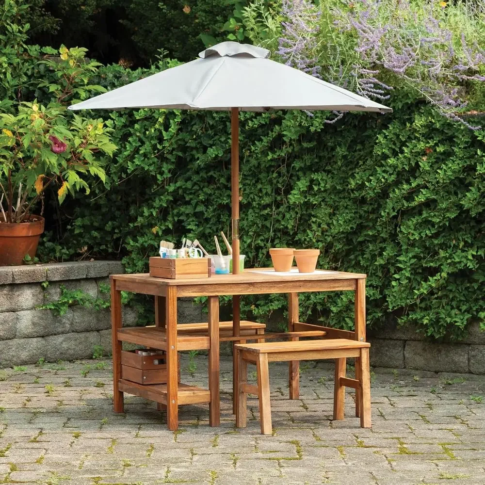 Kids Outdoor Bench With Umbrella - Zestaw mebli ogrodowych dla dzieci: stolik