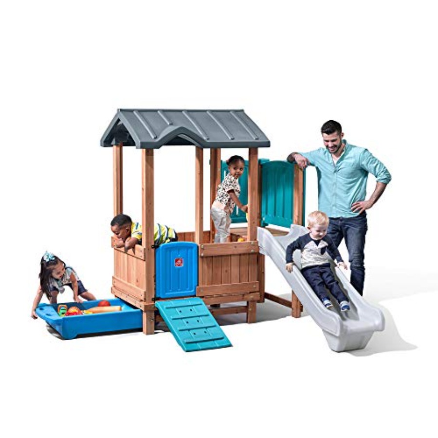 Kids Outdoor Slide Set - Drewniany domek do zabawy i zjeżdżalnia,