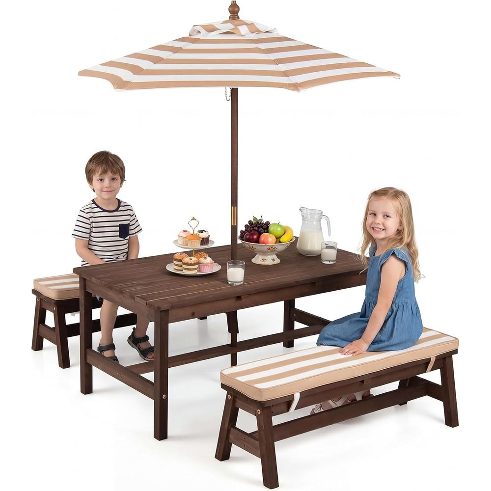 Kids Outdoor Bench With Umbrella - Stolik piknikowy dla dzieci, drewniany stolik
