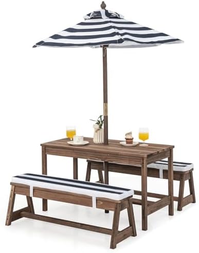 Kids Outdoor Bench With Umbrella - Stół piknikowy dla dzieci, drewniany zestaw