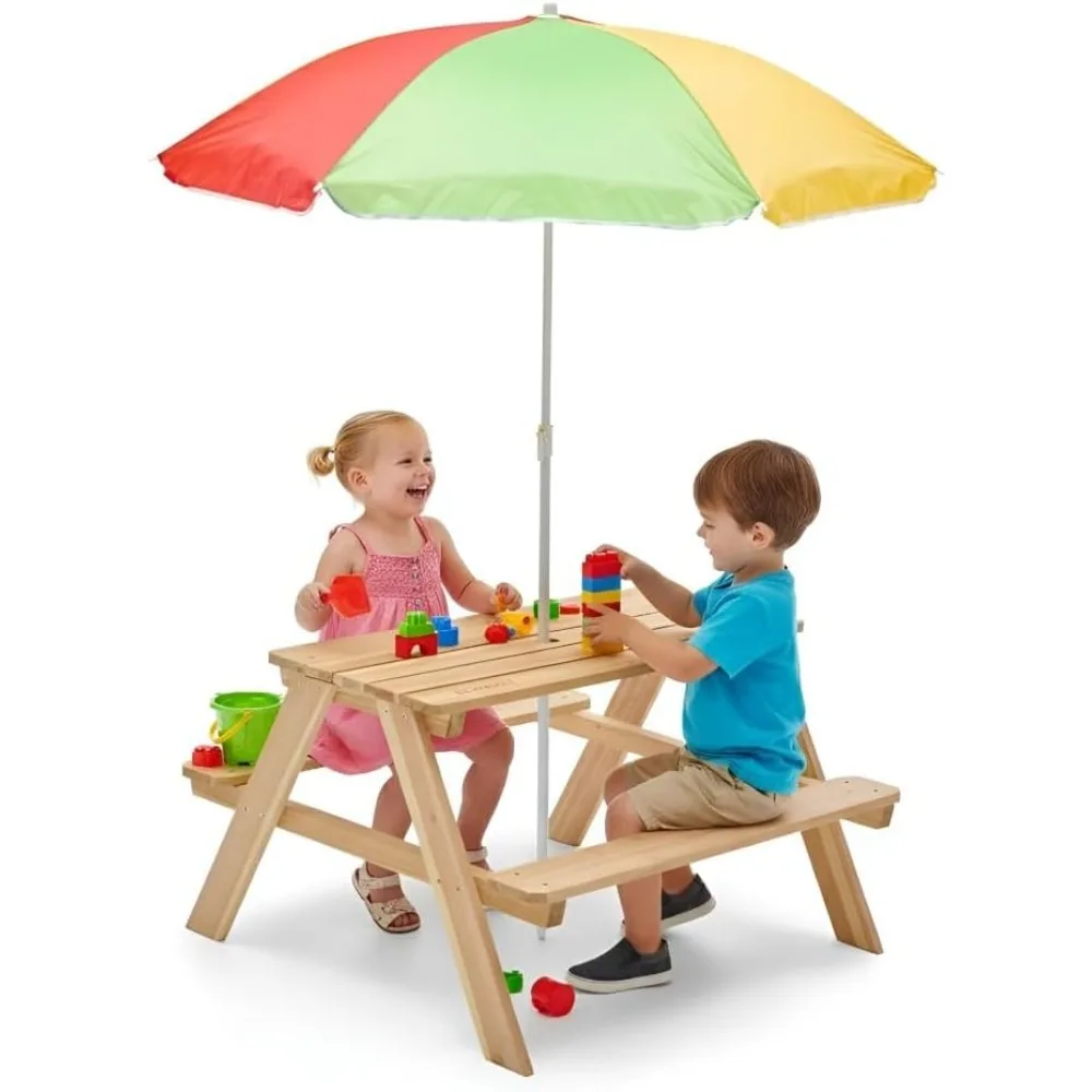 Kids Outdoor Bench With Umbrella - Drewniany stolik piknikowy dla dzieci, zestaw