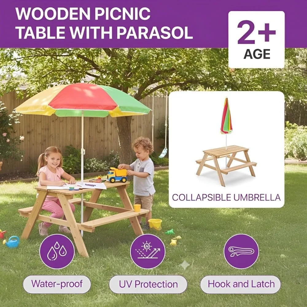 Drewniany stolik piknikowy dla – Kids Outdoor Bench With Umbrella recenzja i cena