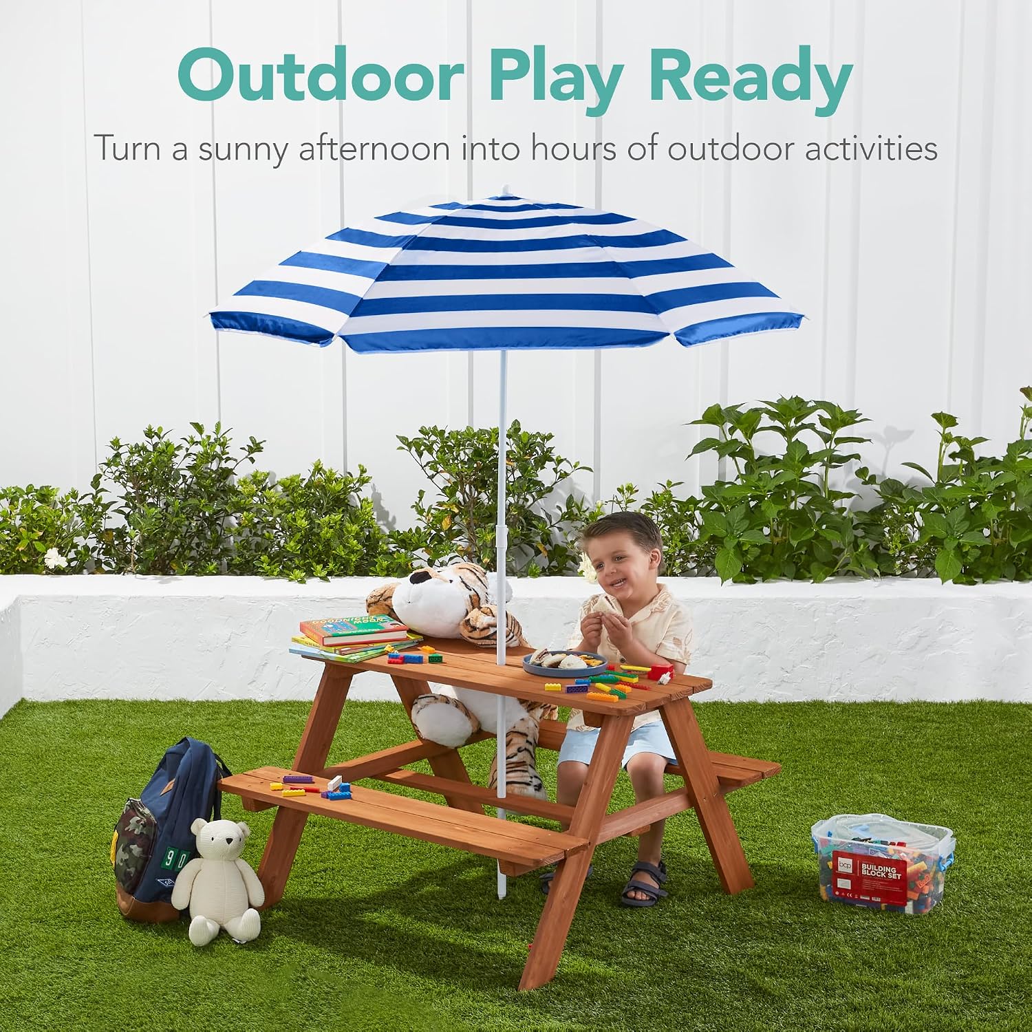 Drewniany stół piknikowy dla d – Kids Outdoor Bench With Umbrella recenzja i cena
